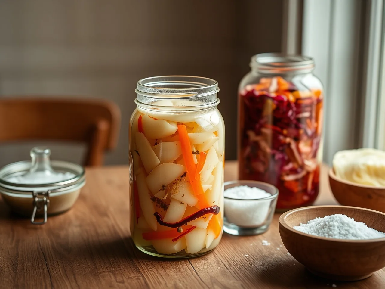 Zwei Gläser mit fermentierendem Gemüse, Sauerkraut und Kimchi, daneben Kohl und grobes Salz