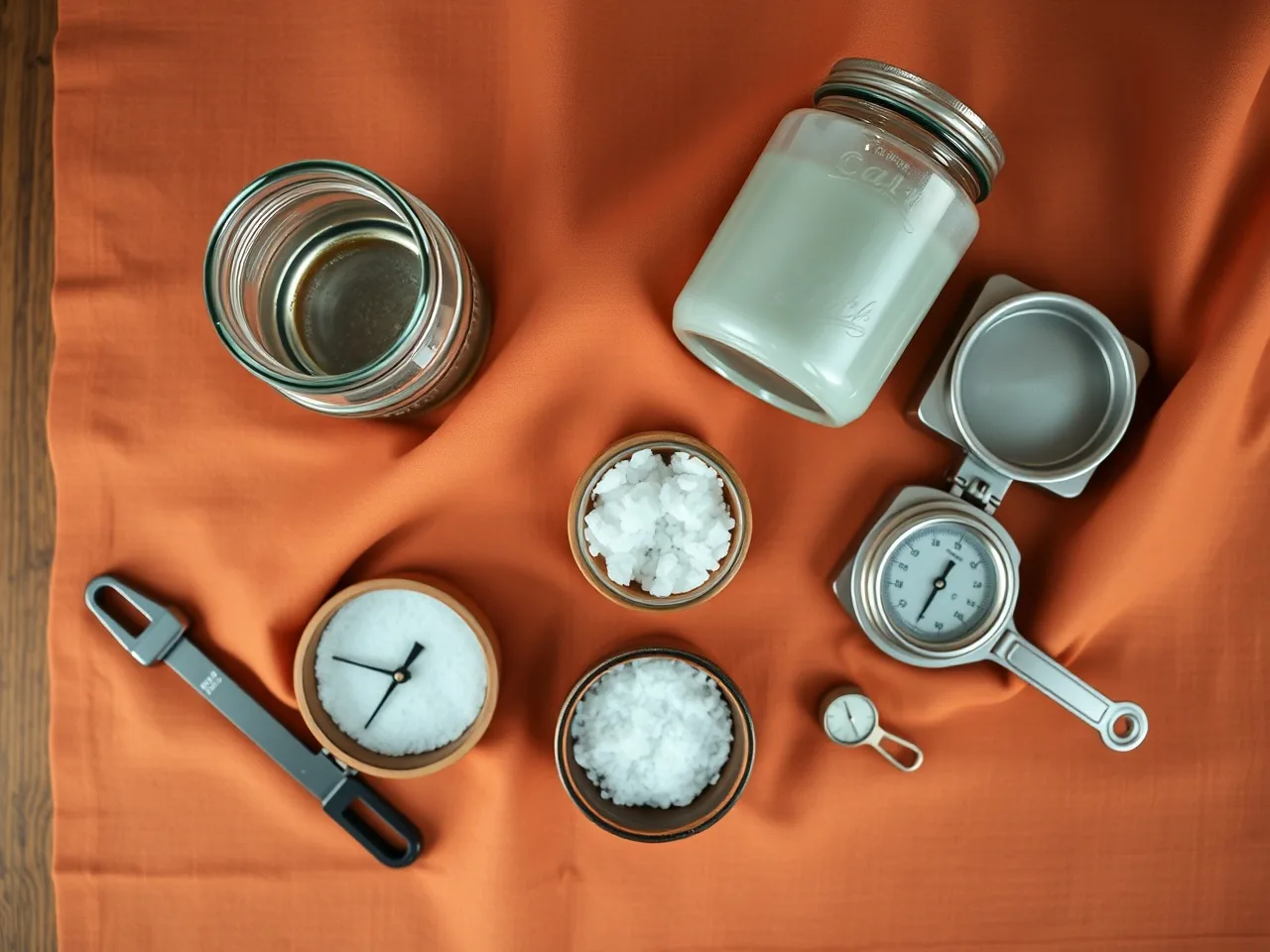 Fermentations-Ausrüstung von oben: Gläser, Gewichte, Waage, Salz, Thermometer
