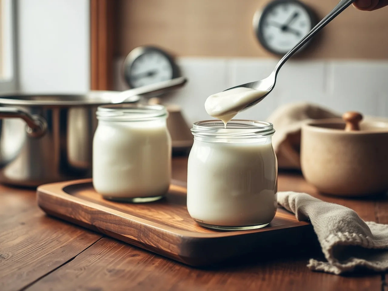 Drei Gläser mit selbst gemachtem Joghurt, Löffel und Thermometer