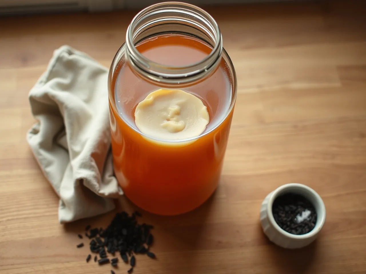 Offenes Glas mit Kombucha, SCOBY schwimmt auf der Oberfläche, daneben Tuch und Tee