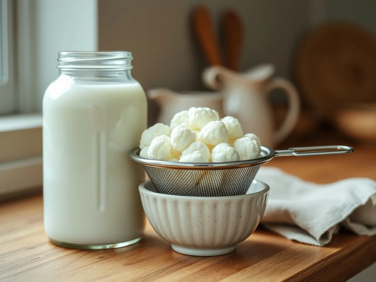 Glas mit cremigem Milchkefir, Kefirknollen in einem Sieb daneben