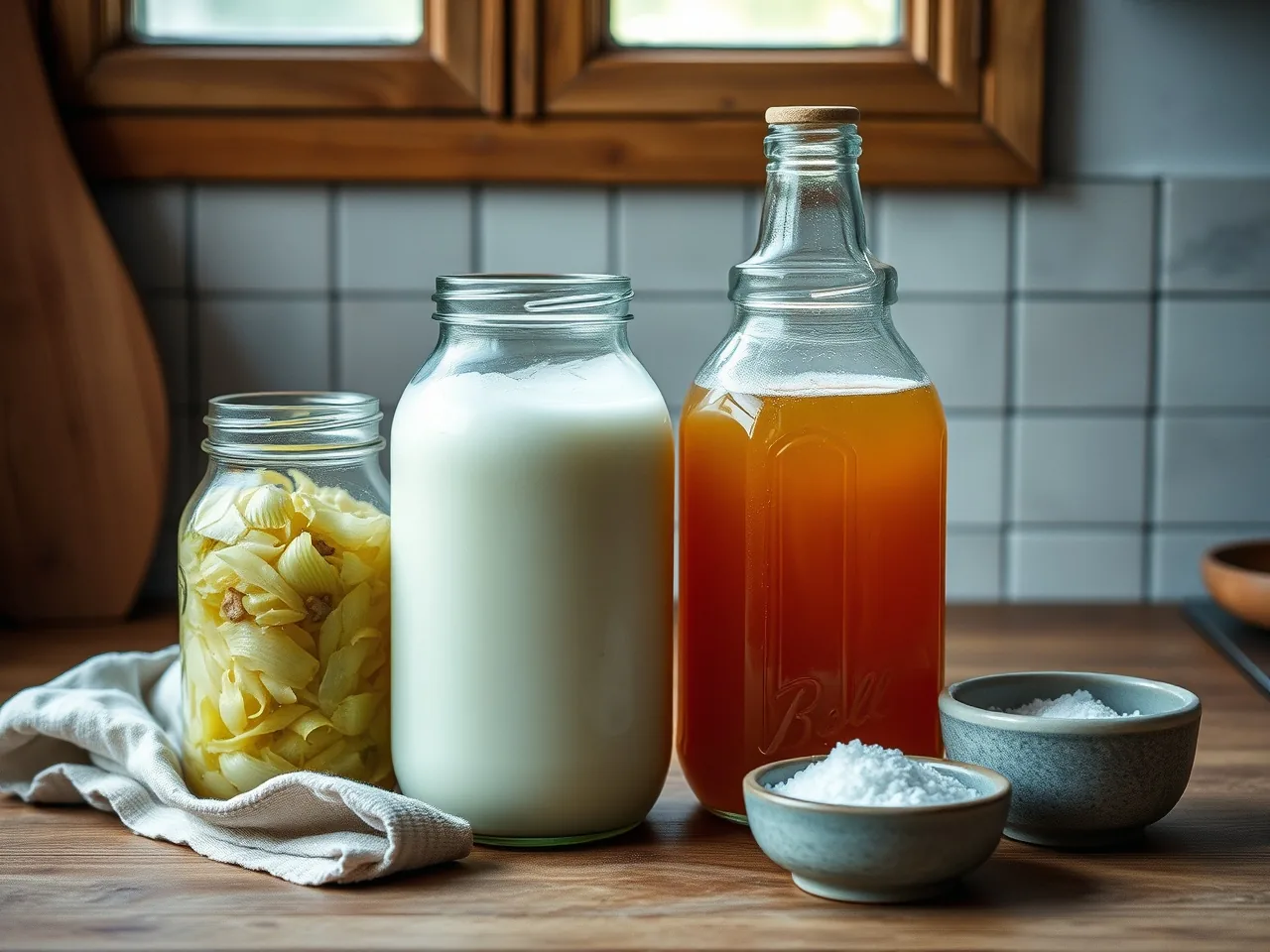 Mehrere Gärgläser mit verschiedenen Fermenten auf einer Küchenarbeitsplatte