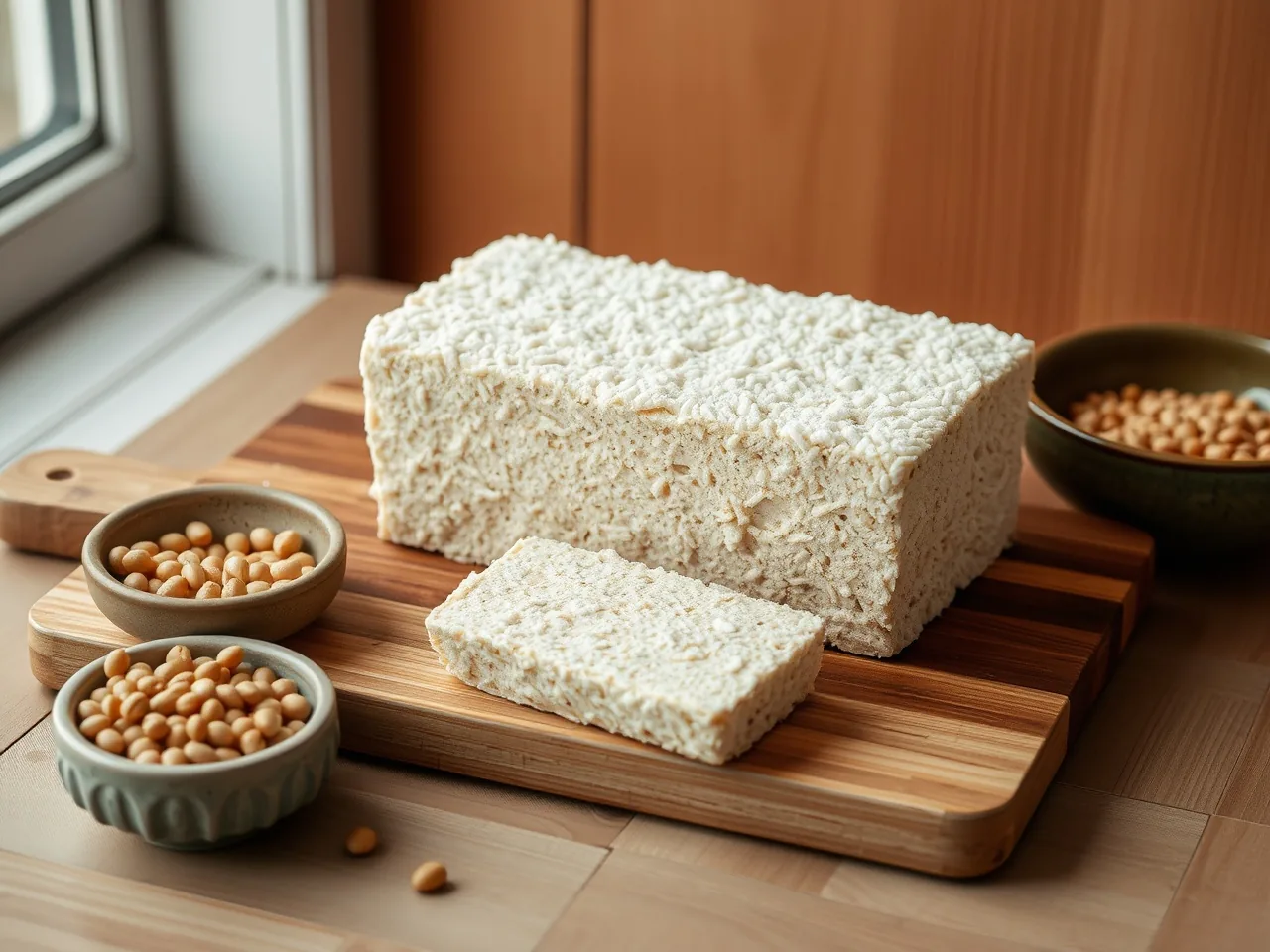 Frischer Tempeh-Block mit weißem Myzel, angeschnitten auf einem Holzbrett