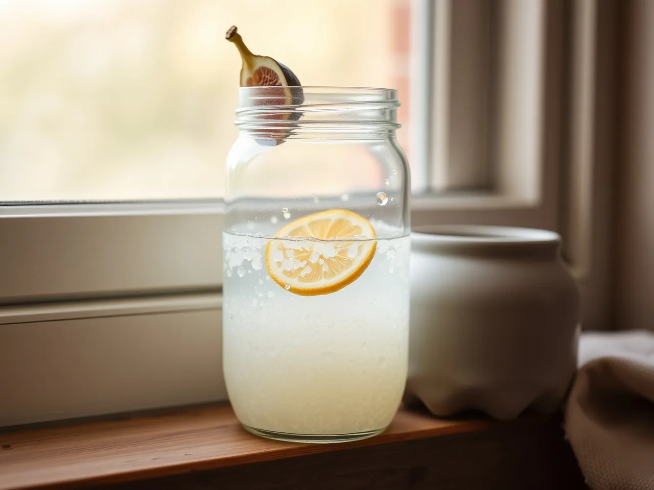Glas mit Wasserkefir, deutliche Schicht Kristalle am Boden, Feige und Zitronenscheibe
